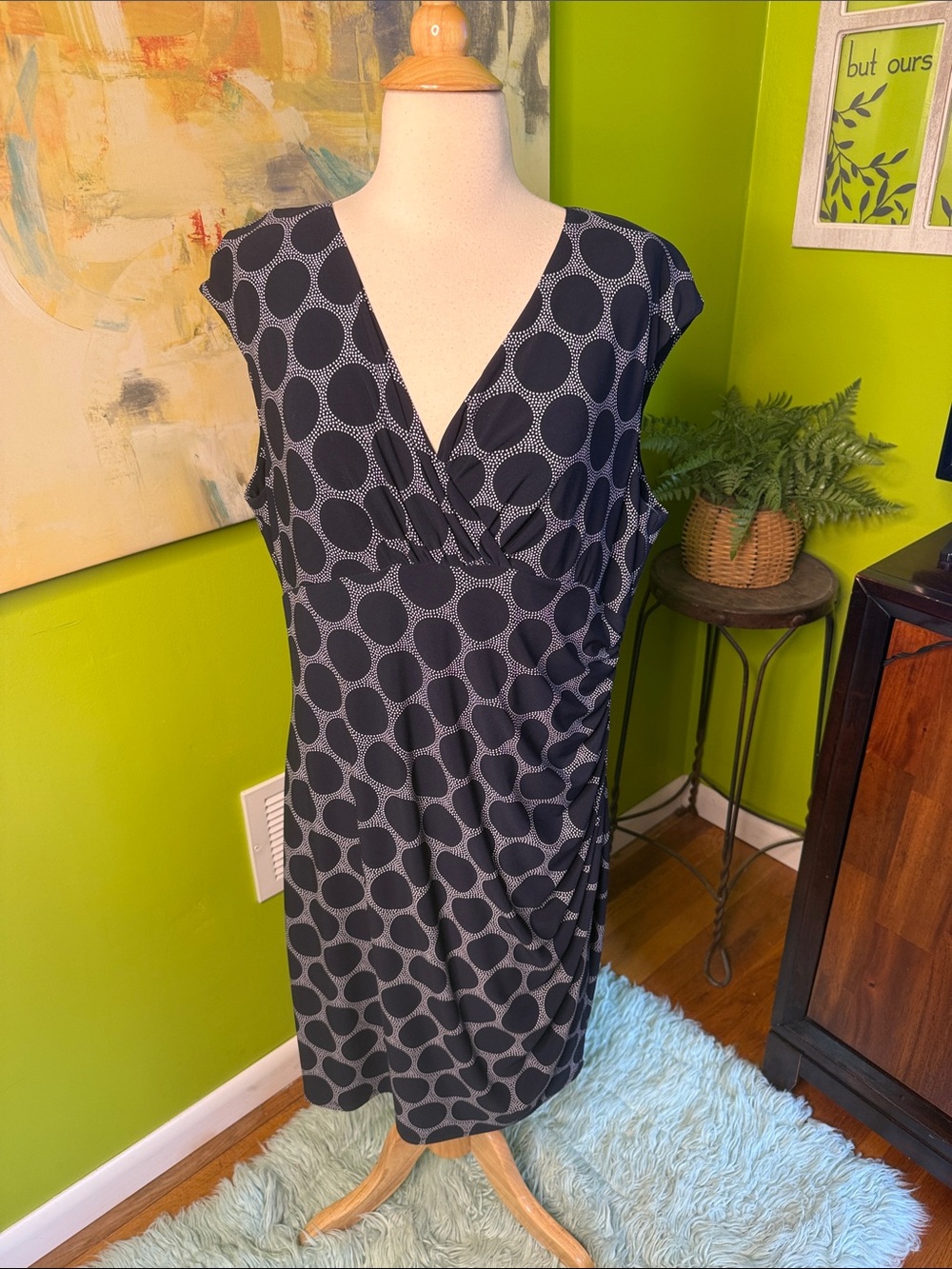 Lauren Ralph Lauren Navy and Light Gray Polka Dot Faux-Wrap Midi Dress